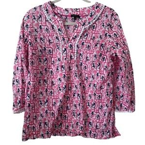 TALBOTS Cotton‎ 3/4 Sleeve Monkey Tunic Top in White Pink Small